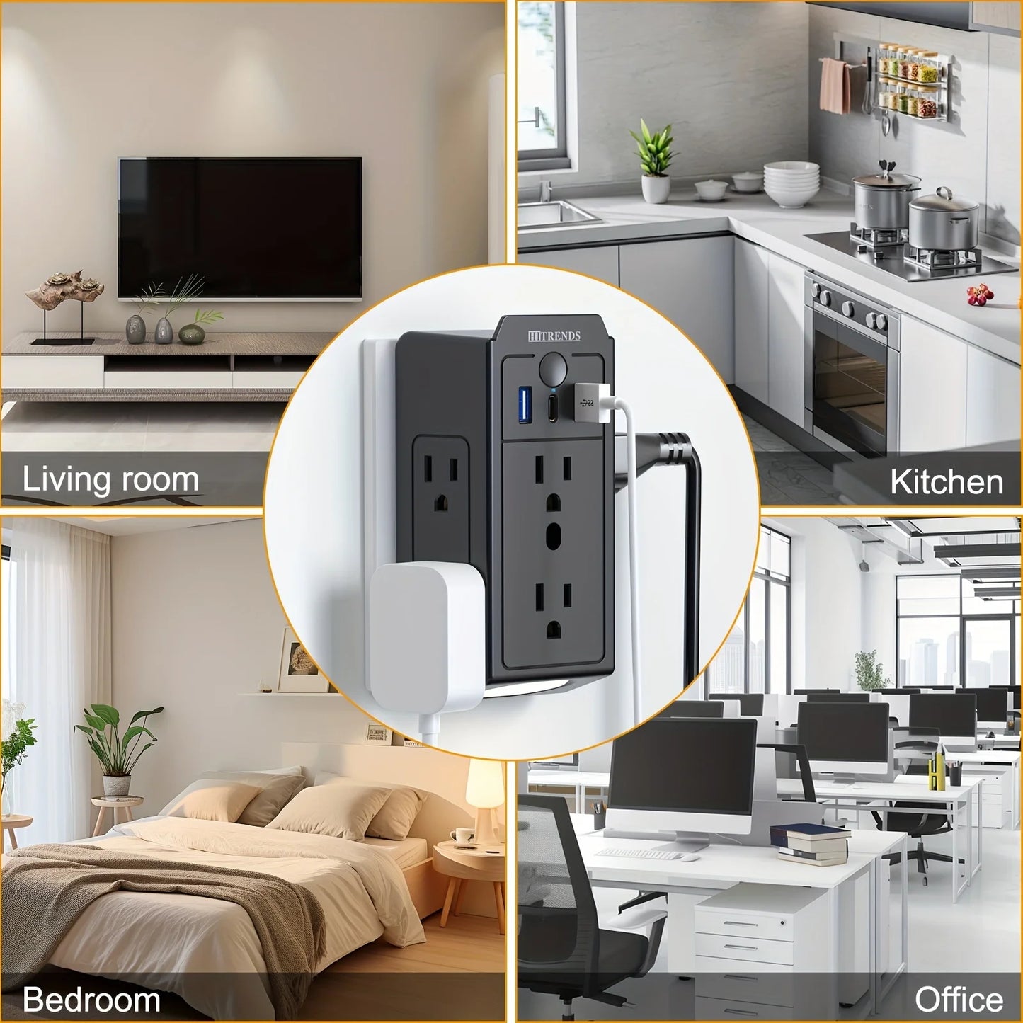 3-Sided Power Strip with Surge Protector, 6-Outlet Extender with 3 USB (1 USB C) and Night Light, Multi-Plug Receptacle Adapter