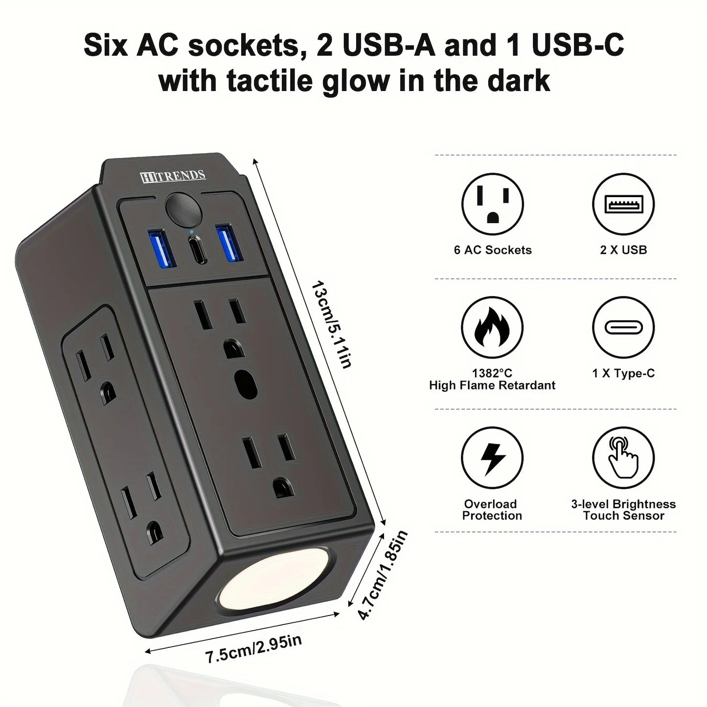 3-Sided Power Strip with Surge Protector, 6-Outlet Extender with 3 USB (1 USB C) and Night Light, Multi-Plug Receptacle Adapter