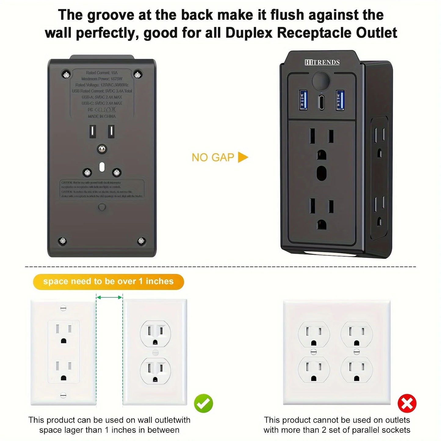 3-Sided Power Strip with Surge Protector, 6-Outlet Extender with 3 USB (1 USB C) and Night Light, Multi-Plug Receptacle Adapter