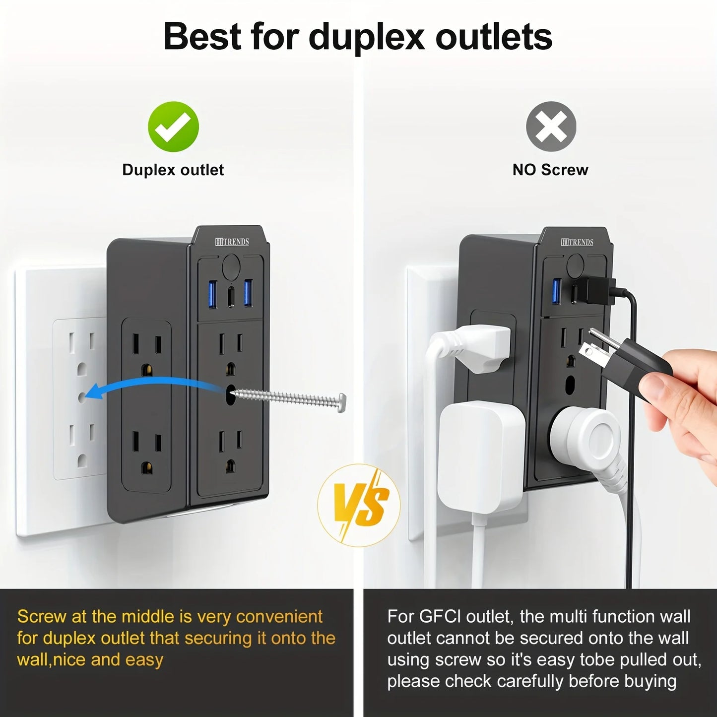 3-Sided Power Strip with Surge Protector, 6-Outlet Extender with 3 USB (1 USB C) and Night Light, Multi-Plug Receptacle Adapter